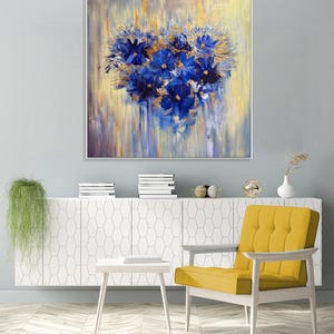 Flower Heart Painting: Dark Blue Floral, Golden Leaf, Textured Wall Art (46x46&quot;)