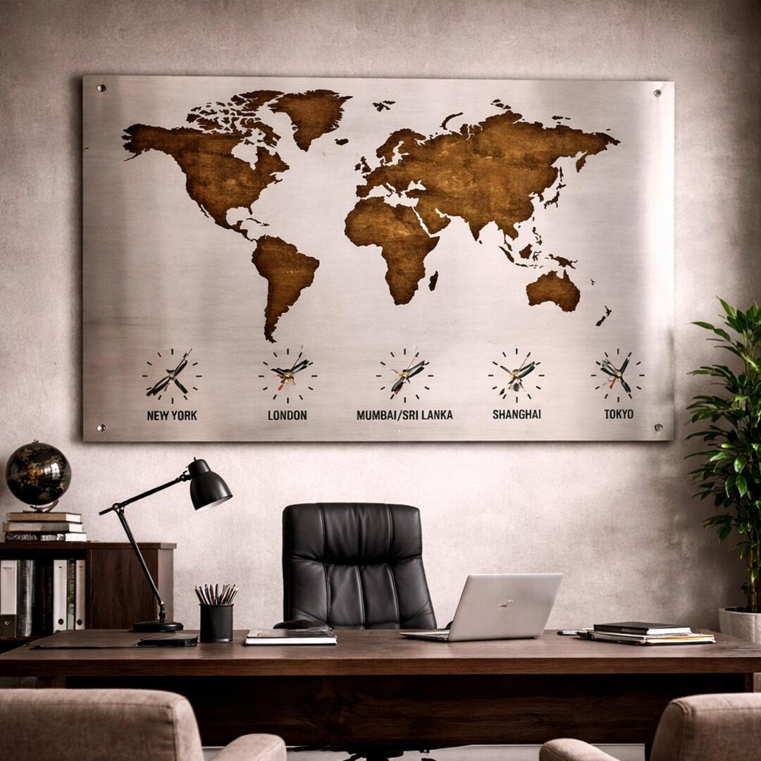 World Map Wall Art With Clocks World Time Zone Wall Decor Office Wall ...