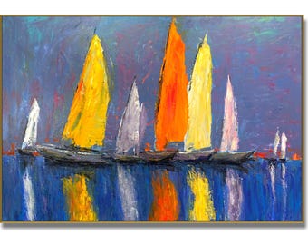 Groot kleurrijk abstract zeilbootschilderij op blauw canvas levendig nautisch zeegezicht muurkunst kustdecor voor moderne woonkamer