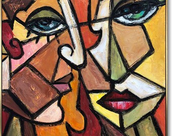 Abstract Figurative Painting on Canvas Picasso Style Wall Art Cubism Painting Original Oil Artwork Heavy Textured Art for Aesthetic Decor