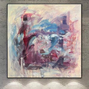 Original Acrylic Colorful Abstract Canvas Art Textured Modern Painting with Pink and Blue Tones for Contemporary Wall Decor 46&quot;x46&quot;
