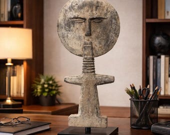 African Tribal Sculpture Primitive Art Statue Ethnic Mask Figurine Boho Home Decor 27.5"x7.8"
