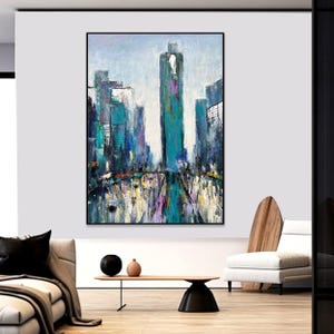 Große abstrakte Stadtbild moderne strukturierte handgemalte Kunst Stadt Gemälde auf Leinwand Skyline Wandkunst für zeitgenössischen Büro Dekor