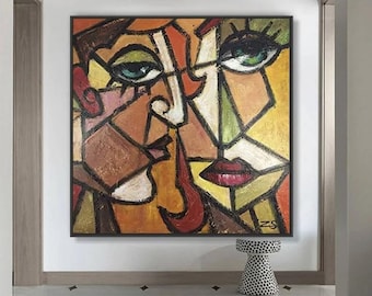Cubist Couple Painting – Modern Abstract Faces Portrait Canvas Wall Art