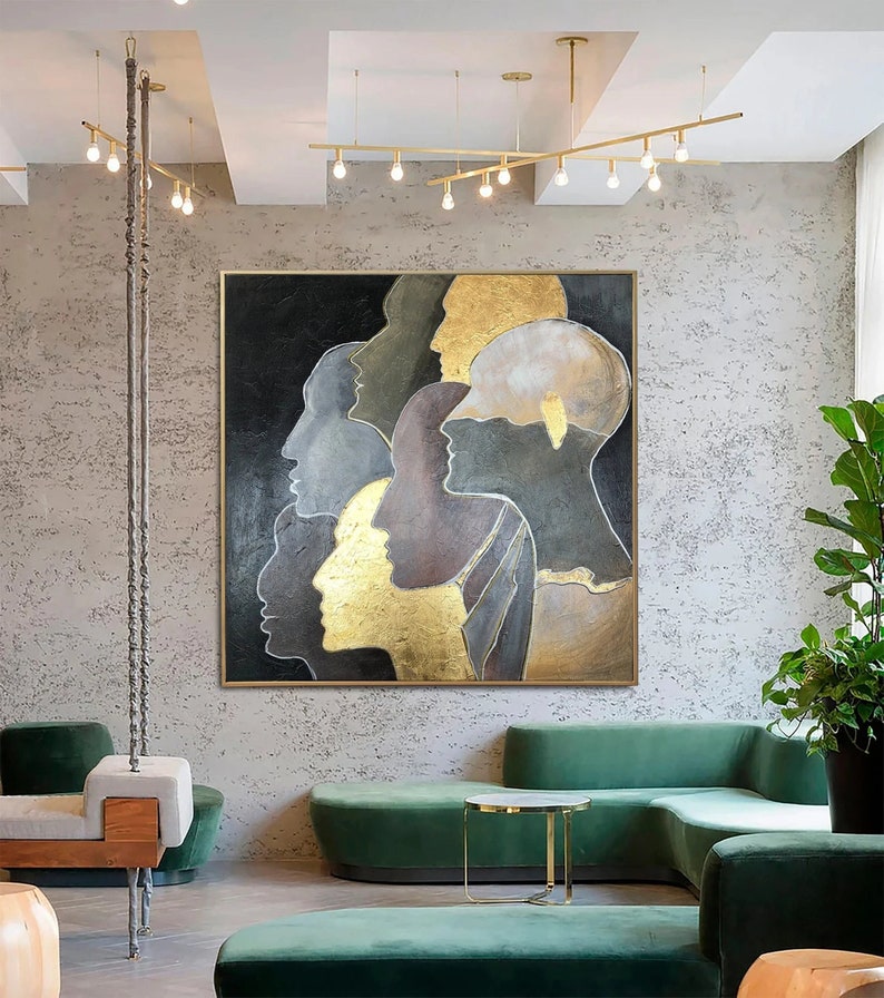 27.55x27.55 Humans Oil Painting Gold Leaf Painting Abstract Faces Painting Original Modern Painting Humans Unique Wall Paintings On Canvas image 1