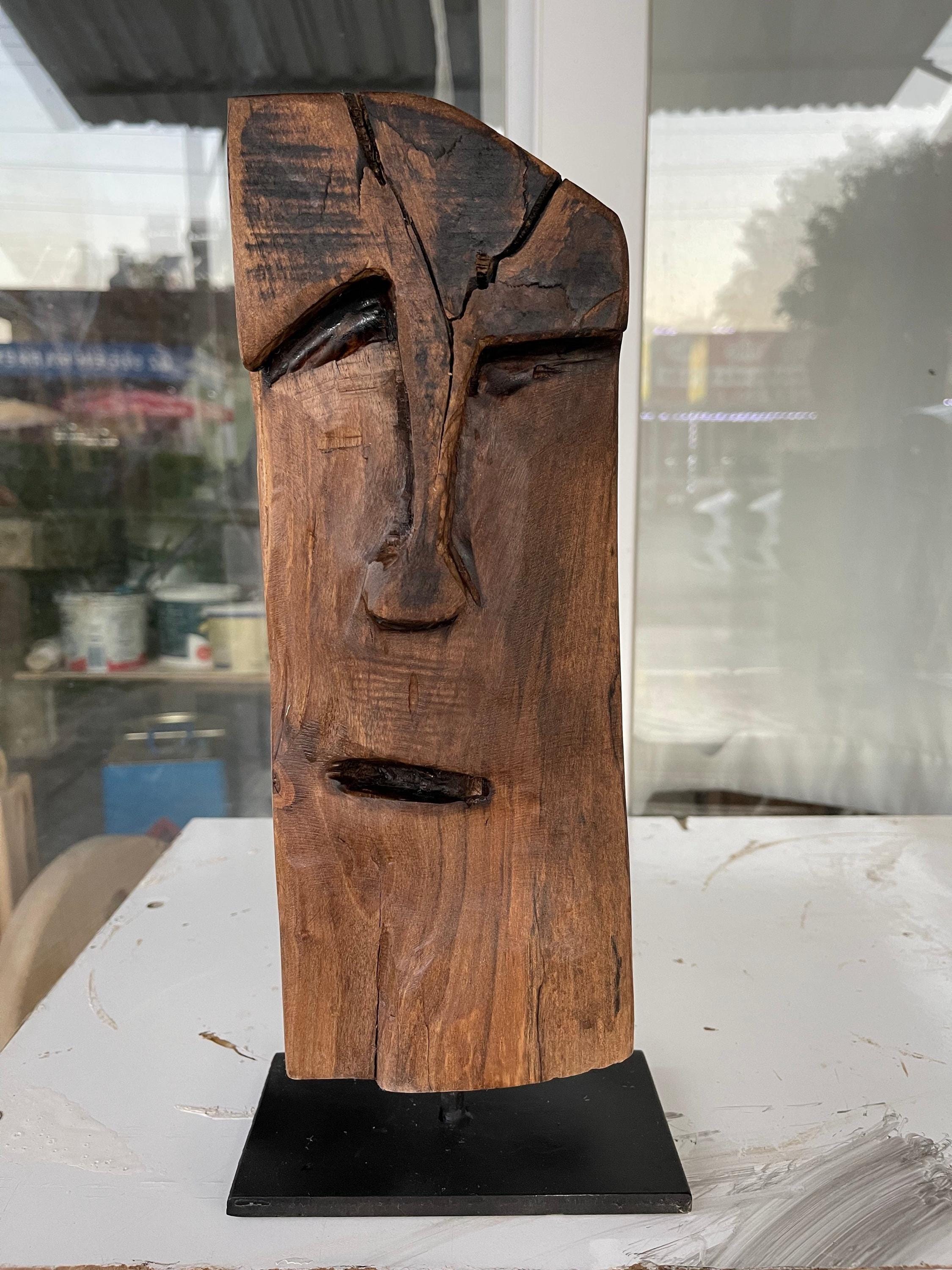 Abstract Wooden Face Sculpture Rustic Wood Mask Art Tribal Wood ...