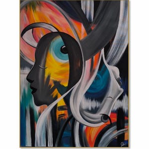 Abstract Modern Face Art on Canvas Colorful Figurative Portrait Wall Decor Expressionist Face Art Decor Stretched 46"x34"