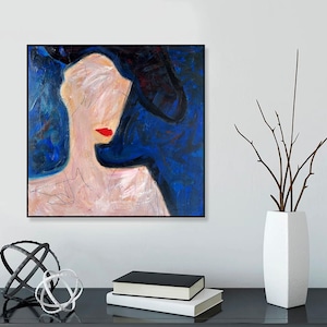 Abstract Woman Oil Painting on Canvas: Blue Figurative Art (28&quot;x28&quot;)