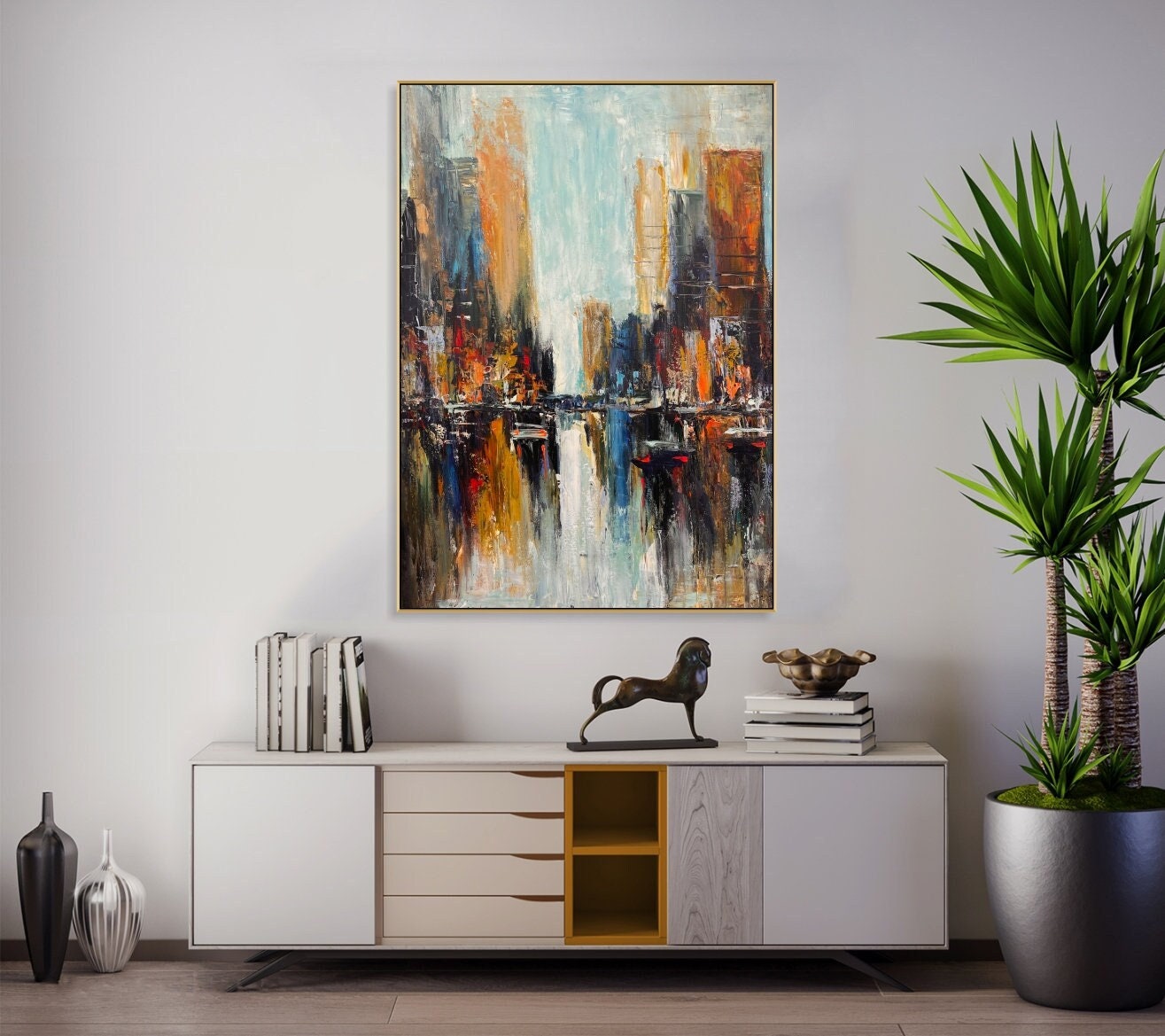 Abstracte stadsgezichten op canvas Modern stedelijk landschap Kunstwerk Getextureerd schilderij Hedendaagse kunst Handgemaakt olieverfschilderij voor indiekamer