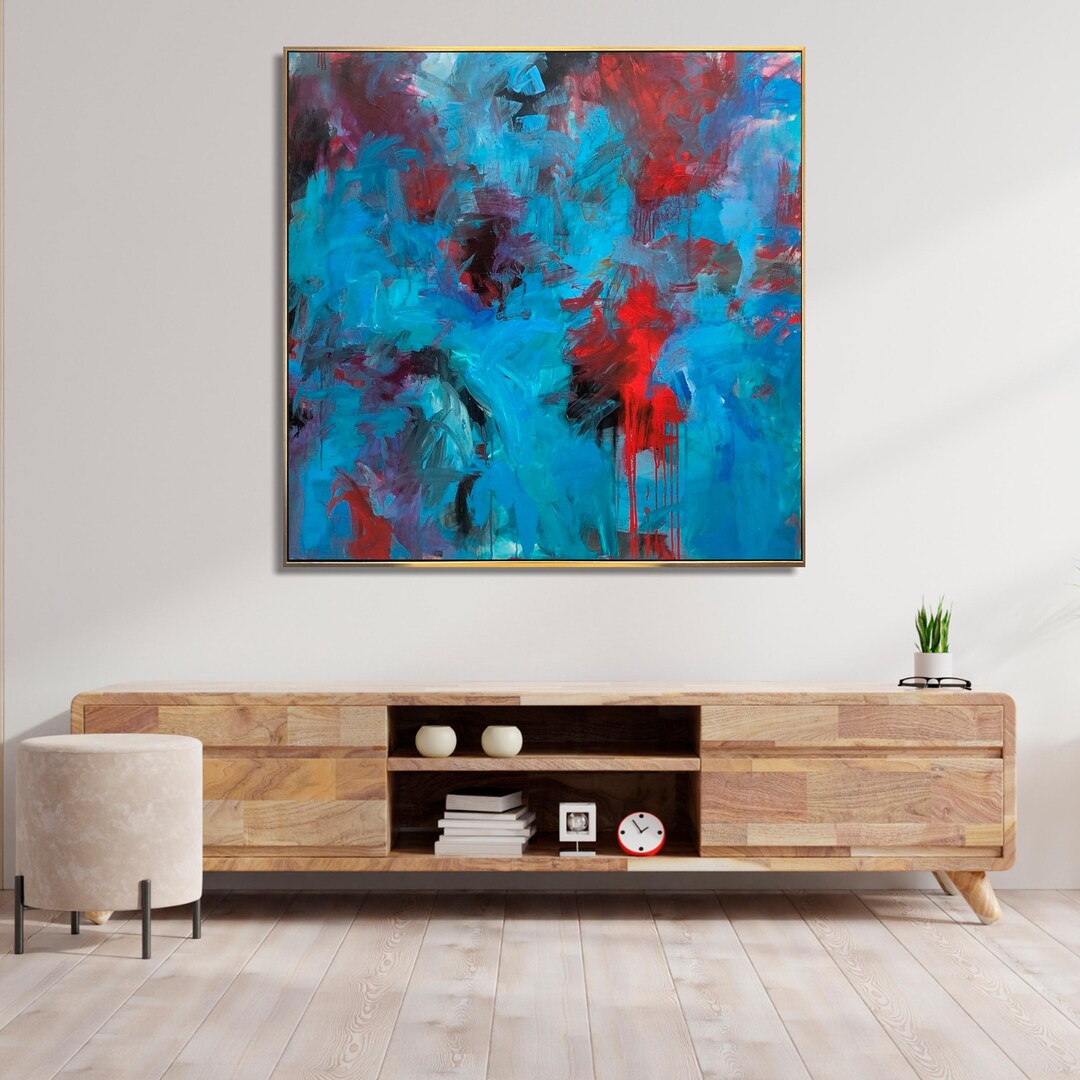 Large Blue Abstract Oil Painting | Modern Red & Turquoise Wall Art on ...