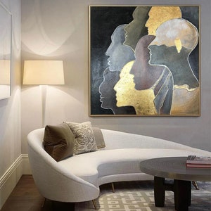 27.55x27.55 Humans Oil Painting Gold Leaf Painting Abstract Faces Painting Original Modern Painting Humans Unique Wall Paintings On Canvas image 2