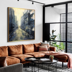 Abstract City Painting on Canvas Modern Cityscape Wall Art Original Oil Painting Contemporary Wall Art Heavy Textured Art for Home Decor + Black + Gold Frame