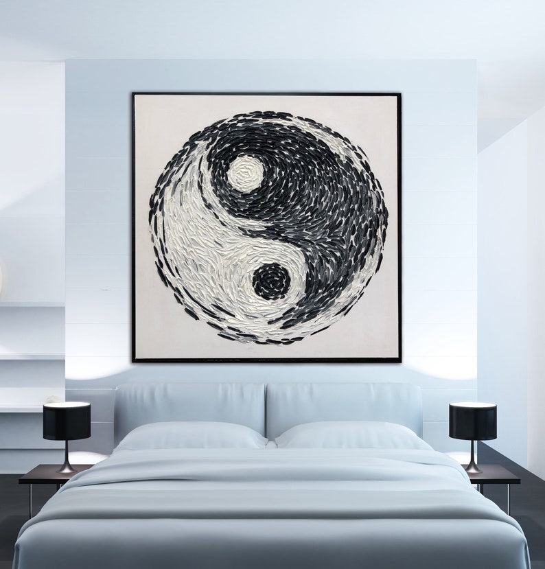 Yin Yang Painting Abstract Canvas Art Feng Shui Painting Black and White Wall Art Impasto Artwork Original Impasto Art Meditation Wall Art image 1