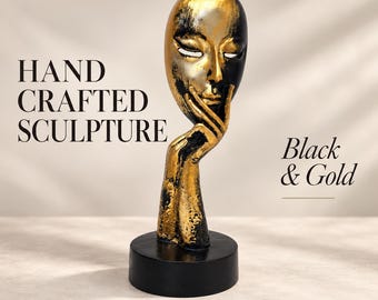 Thinking Face Statue Gold Black Hand on Chin Mask Art Deco Tabletop Sculpture Gift