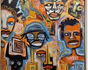 African-Inspired Wall Art Colorful Ethnic Canvas Abstract Tribal Faces Painting Bold Geometric Designs for Modern Dining Room