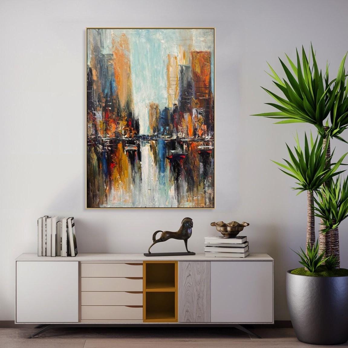Abstract Cityscape Oil Painting: Textured Urban Landscape Art