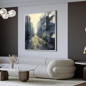 Abstract City Painting on Canvas Modern Cityscape Wall Art Original Oil Painting Contemporary Wall Art Heavy Textured Art for Home Decor + Black + Silver Frame