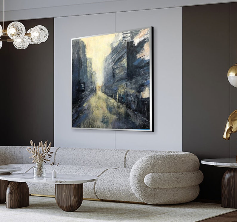 Abstract City Painting on Canvas Modern Cityscape Wall Art Original Oil Painting Contemporary Wall Art Heavy Textured Art for Home Decor + Black + Silver Frame