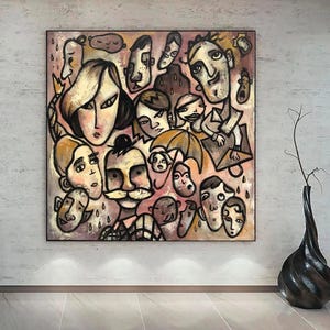 Abstract Expressionist Faces Painting: Whimsical Pop Art, Original Figurative Portrait (40x40&quot;)