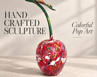 Red Cherry Sculpture Splatter Paint Pop Art Cherry Statue Colorful Modern Tabletop Decor Gift