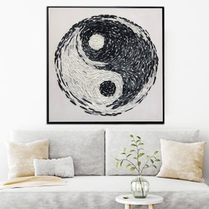 Yin Yang Painting Abstract Canvas Art Feng Shui Painting Black and White Wall Art Impasto Artwork Original Impasto Art Meditation Wall Art image 4