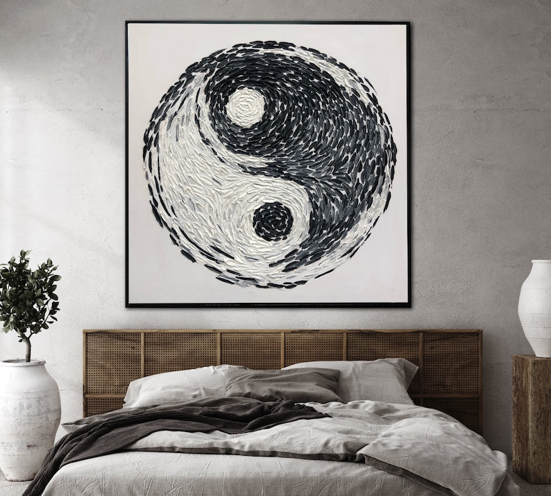 Yin Yang Painting Abstract Canvas Art Feng Shui Painting Black and White Wall Art Impasto Artwork Original Impasto Art Meditation Wall Art image 3