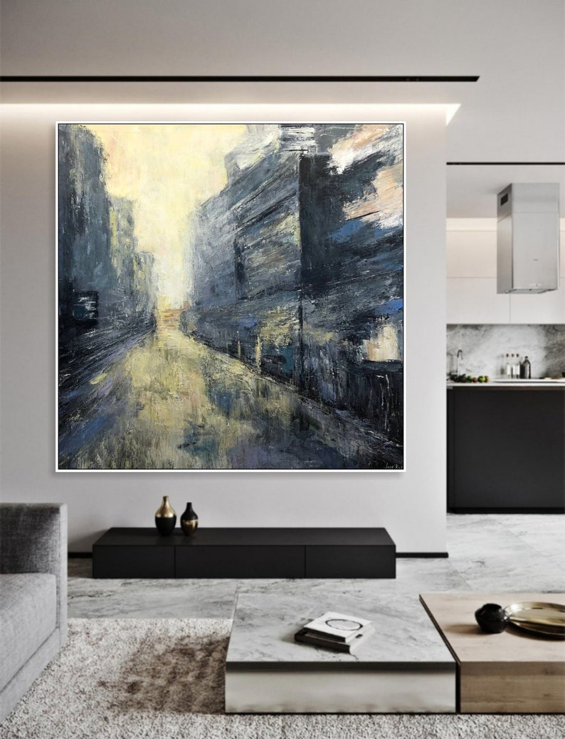 Abstract City Painting on Canvas Modern Cityscape Wall Art Original Oil Painting Contemporary Wall Art Heavy Textured Art for Home Decor + White Frame