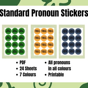 May include: Three sheets of pronoun stickers with 9 stickers per sheet. The stickers are in green, orange, and blue. The text on the stickers reads "He/Him", "They/Them", and "She/Her".