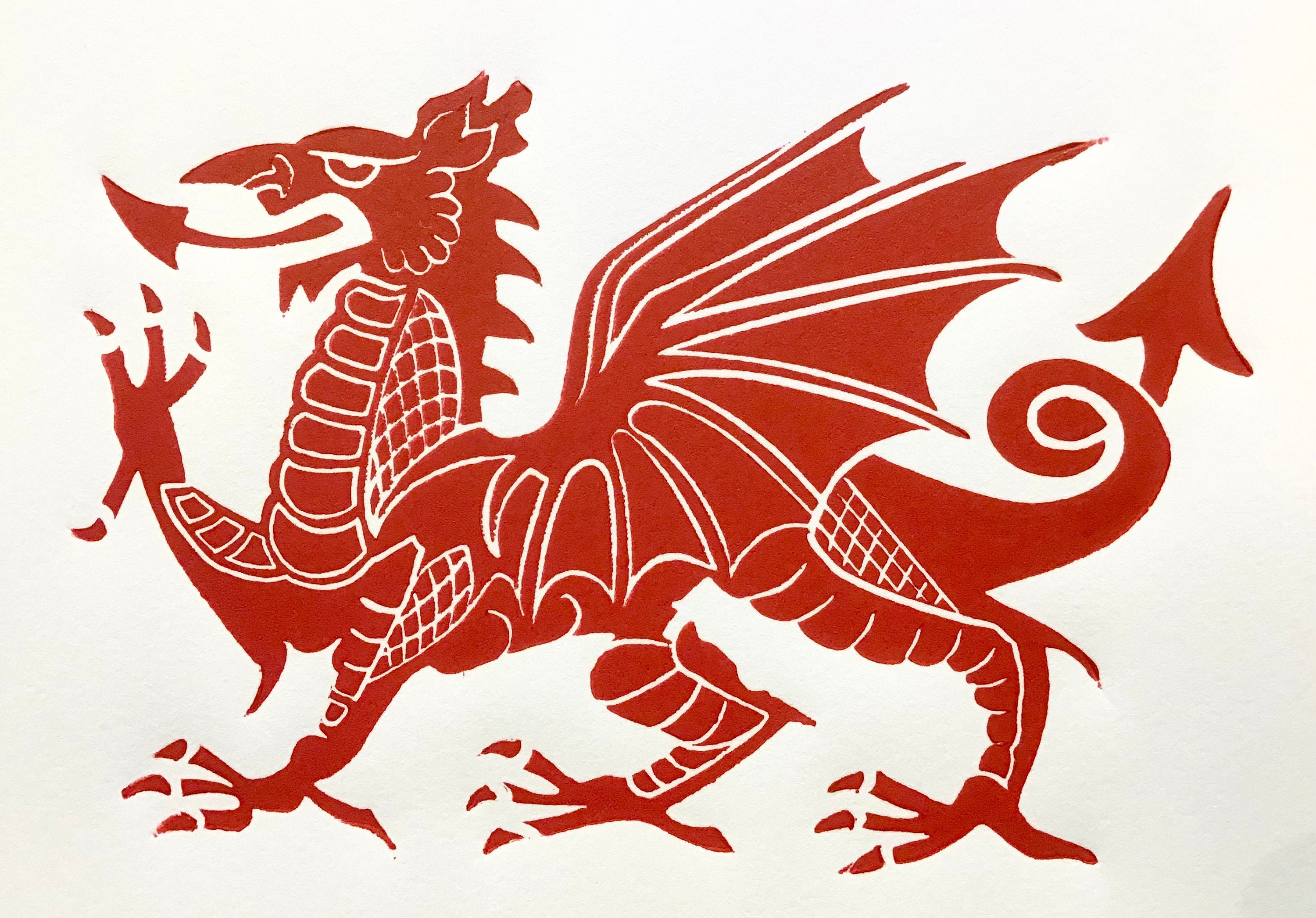 Dragon lino print Welsh dragon red dragon Wales Welsh Etsy