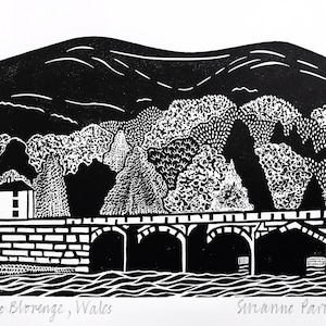 Blorenge Abergavenny Castle Meadows Lino print wall art Black Mountains Brecon Beacons Wales hand made limited edition unframed