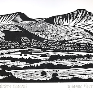 Brecon Beacons Bannau Brycheiniog lino print Pen y Fan Corn Du Wales Welsh gift landscape print wall art hand pressed unframed