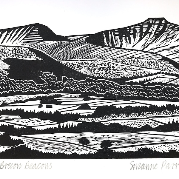 Brecon Beacons-linoprint: pen en waaier, landschapskunst Wales