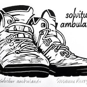 Walking boots art lino print wall art solvitur ambulando handmade limited edition unframed