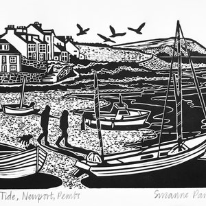 Newport Pembrokeshire Lino Print, Dinas Head Low Tide Landscape
