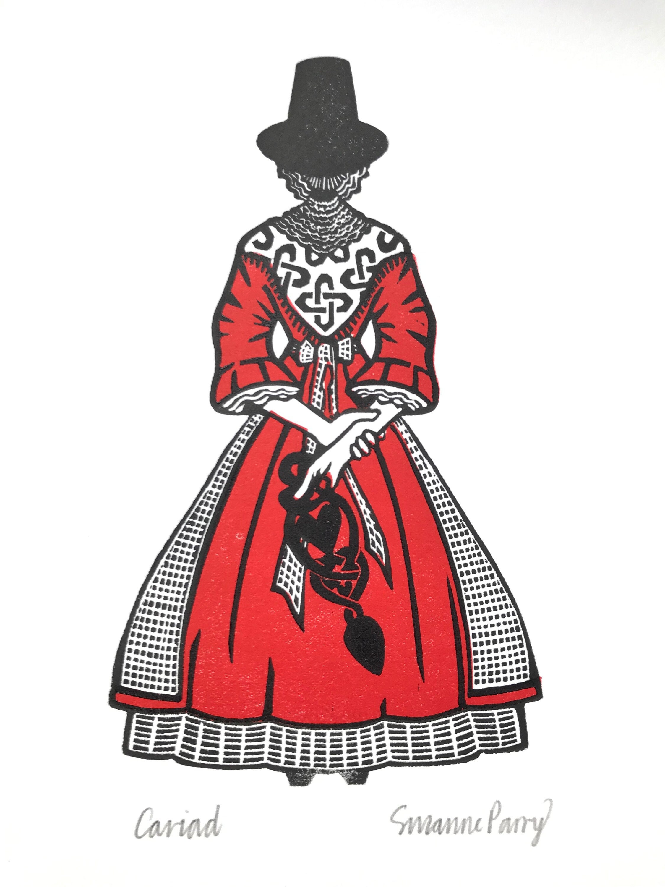 Walisische Frau Kunst Linoldruck Wandkunst Cariad Liebe Löffel traditioneller walisischer Tracht St David’s Day Welsh Hat Wales walisisches Deckenmuster