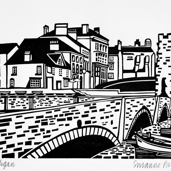 Cardigan art lino print wall art Ceredigion Wales landscape print handmade unframed river Teifi