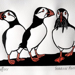 Arte de pared con impresión en lino de frailecillos Puffin Skomer Pembrokeshire Orkney hecho a mano sin marco
