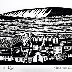Hay on Wye linoryt sztuka ścienna Hay Rooftops Hay on Wye Zamek Walia Walijski krajobraz wydruk ręcznie robiony limitowana edycja bez ramki