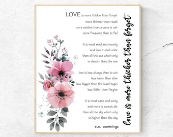 EE Cummings Poem, Love is more thicker than forget Poem Printable, Anniversary Gift Wall Art, Printable Typography, Love Letter, Typography