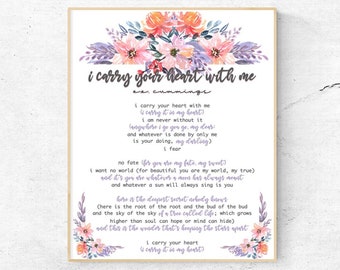 I Carry your Heart Poem Printable, EE Cummings Poem, Anniversary Gift Wall Art, I Carry Your Heart With Me, Love Letter, Typography Wall Art
