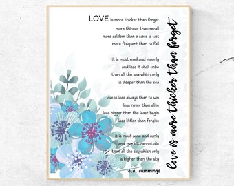 EE Cummings Poem, Love is more thicker than forget Poem Printable, Anniversary Gift Wall Art, Printable Typography, , Typography Wall Art