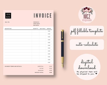 Invoice Template, Fillable PDF Template, Editable Invoice, Auto Calculate, Printable, Fillable Invoice PDF, Minimalist Invoice Template PDF