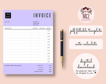 Invoice Template, Fillable PDF Template, Editable Invoice, Auto Calculate, Printable, Fillable Invoice PDF, Minimalist Invoice Template PDF