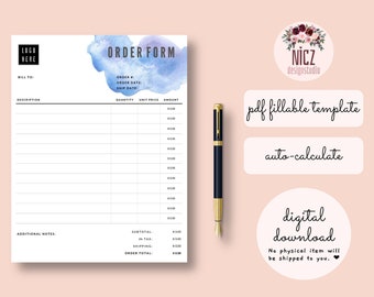 Order Form Template, Fillable PDF Template, Editable Order, Auto Calculate, Printable, Fillable Order PDF, Minimalist Order Template PDF