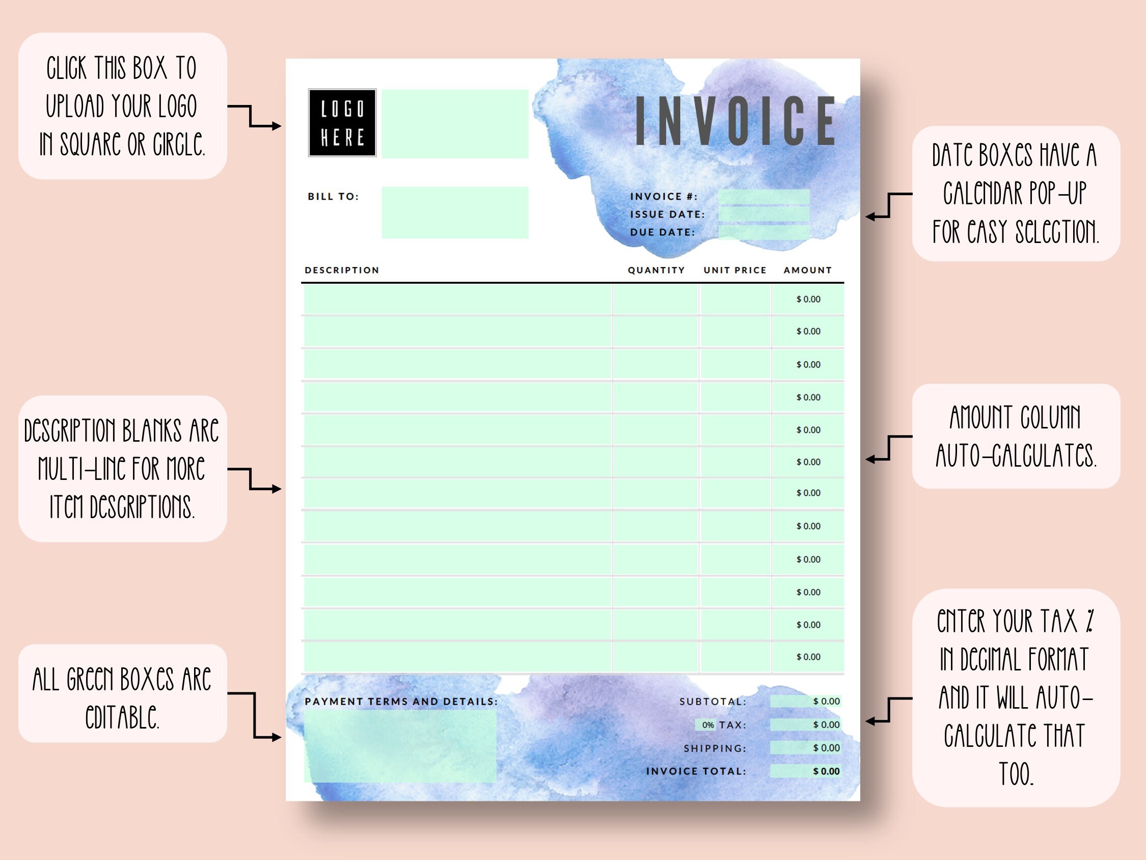 Invoice Template, Fillable PDF Template, Editable Invoice, Auto ...