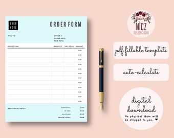Order Form Template, Fillable PDF Template, Editable Order, Auto Calculate, Printable, Fillable Order PDF, Minimalist Order Template PDF