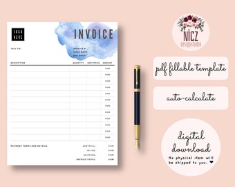 Invoice Template, Fillable PDF Template, Editable Invoice, Auto Calculate, Printable, Fillable Invoice PDF, Minimalist Invoice Template PDF
