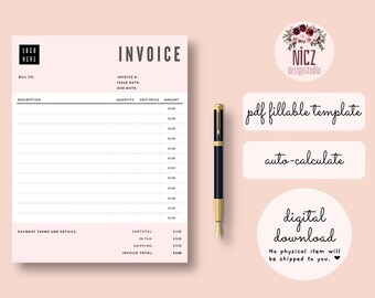 Invoice Template, Fillable PDF Template, Editable Invoice, Auto Calculate, Printable, Fillable Invoice PDF, Minimalist Invoice Template PDF