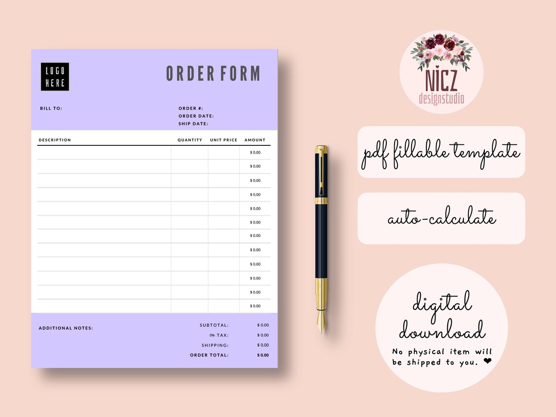 Order Form Template Fillable PDF Template Editable Order | Etsy