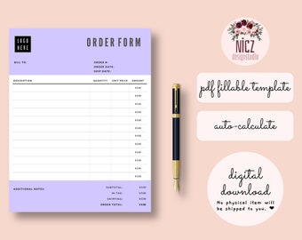 Order Form Template, Fillable PDF Template, Editable Order, Auto Calculate, Printable, Fillable Order PDF, Minimalist Order Template PDF